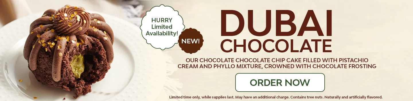 Dubai Chocolate Cake! Our Chocolate Chocolate Chip cake filled with pistachio cream and phyllo mixture crowned with chocolate ganace frosting. While supplies last. 