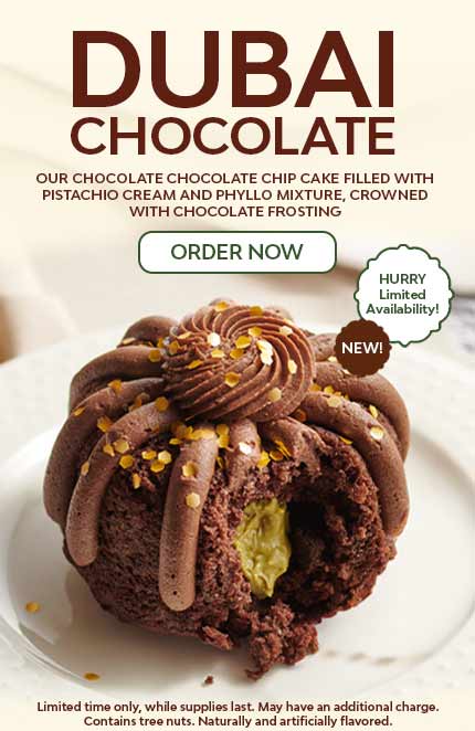Dubai Chocolate Cake! Our Chocolate Chocolate Chip cake filled with pistachio cream and phyllo mixture crowned with chocolate ganace frosting. While supplies last. 